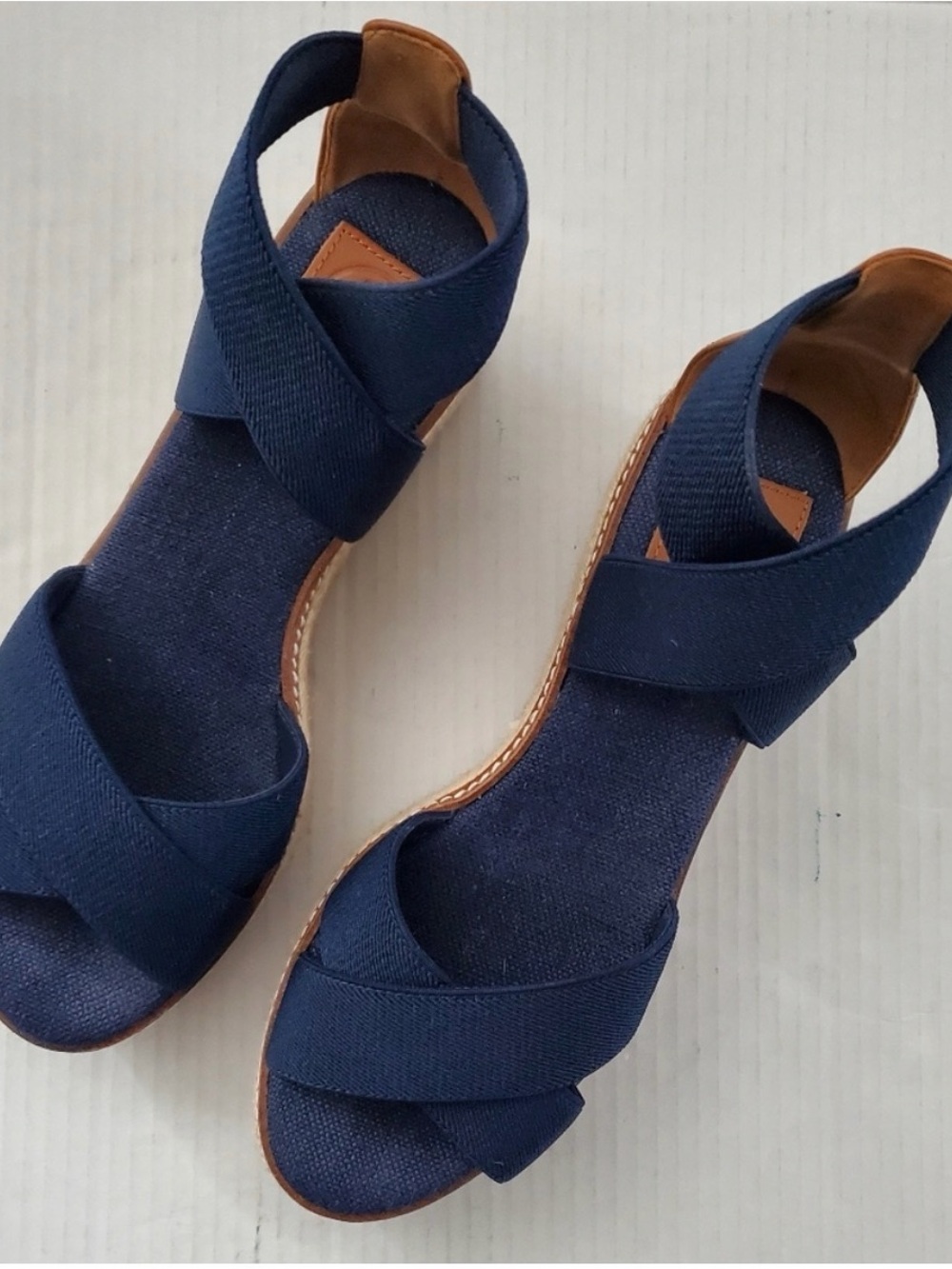 Tory Burch Frida Navy Crisscross Elastic Espadrille Sandals with Tan Trim, 9